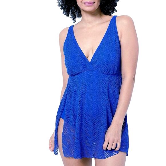 Swimsuits For All Women’s Plus Size 16 Crochet Chevron One Piece Swimdress Blue - Picture 1 of 12